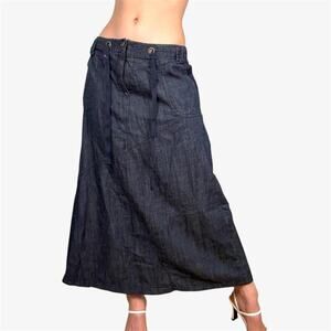 Dark wash denim midi maci skirt with drawstring waist